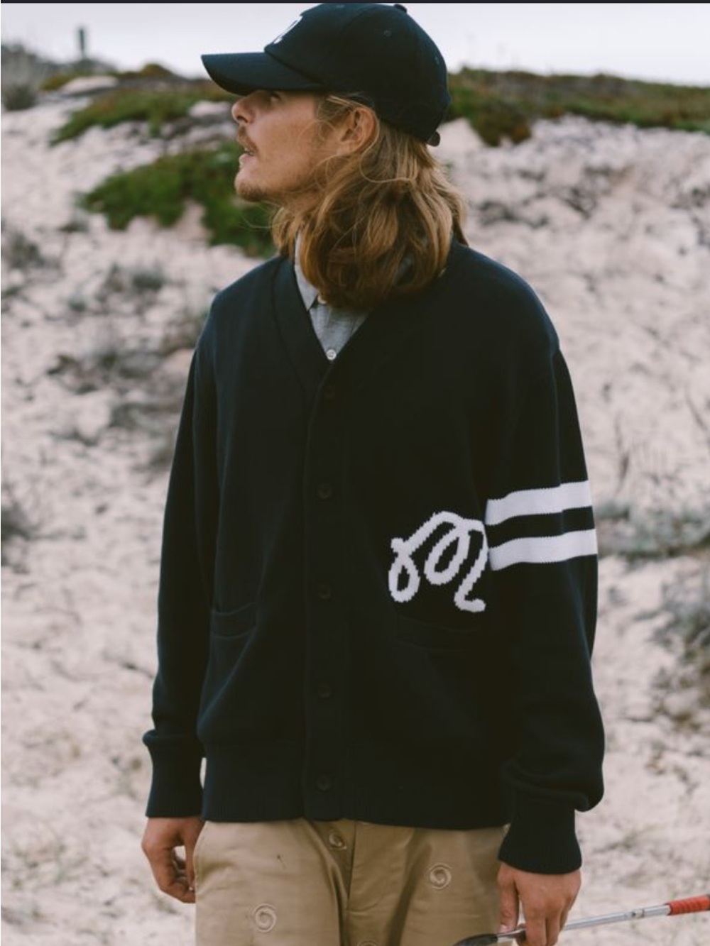 Malbon Men's Button-Front Varsity Cardigan with White Stripes and Script Detail